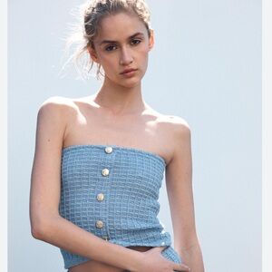 ZARA Stretch Tube Top in blue tweed knit with gold buttons